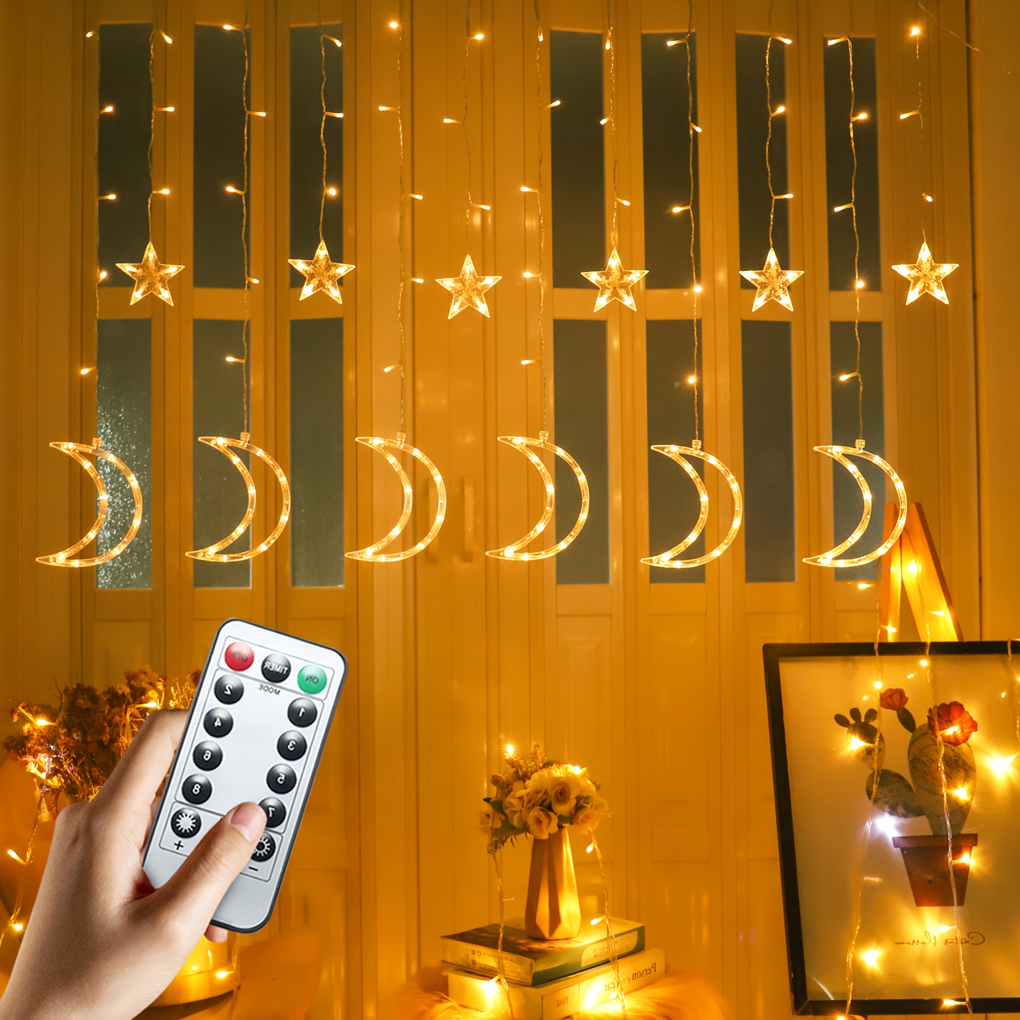 

6.5ft Moon Star Curtain String Lights, 138 Led Window Hanging Light With 8 Lighting Timer For Indoor Home Bedroom Christmas Party Ramadan Decoration, Usb Powered