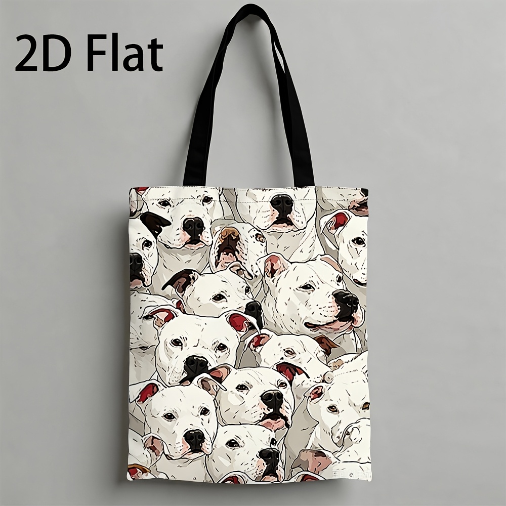 TEMU 1pc, Canvas Tote Bag, Portable Shoulder Bag, Tote Bag, , White Staffordshire Bull Terrier, Cute Dog Art, Canvas Shoulder Bag Daily Commuting And