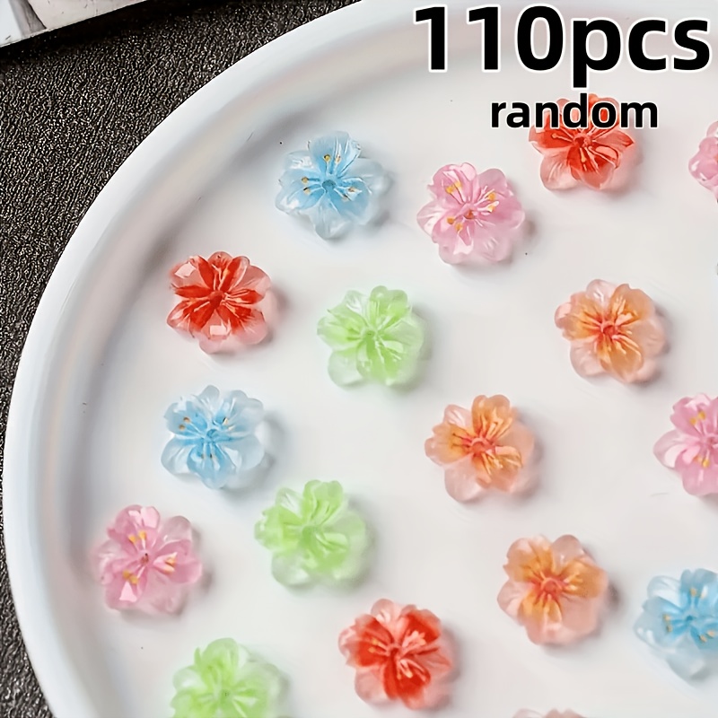 110pcs Bagged Random Mixed Color Resin Nail , 5 Petal Flower 3d Relief Flower, Gradient Light Cherry , Odorless, Red, Pink, Green, Blue