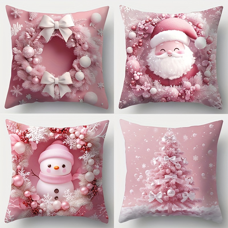 

4pcs Set Pink Christmas Throw Pillow Covers - Soft & Comfortable, Contemporary Style With & Trees Design, Zip Closure For , Living Room Decor