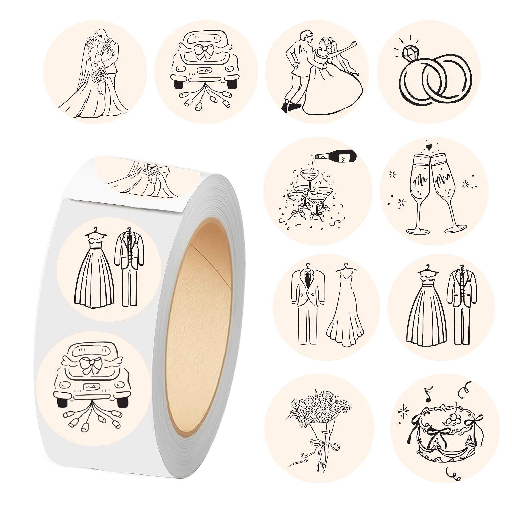 E-shop 500 Stück Hochzeitsaufkleber mit schwarzen und beigen Designs, inklusive Bräutigam- und Brautringen, Kuchen und Blumen, geeignet für