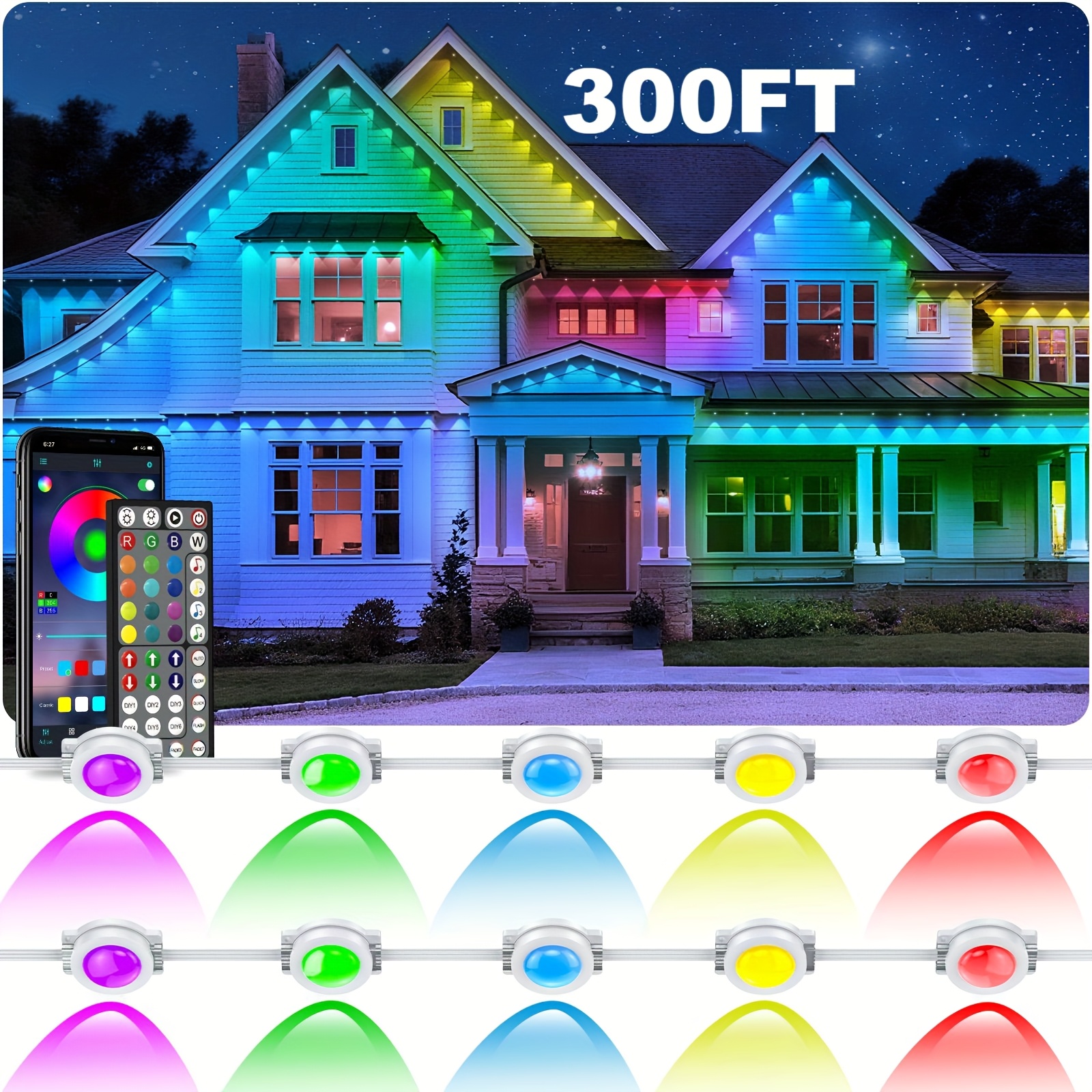 TEMU Lights, Intelligent Rgb Outdoor Lights, Multiple Scene , 300ft And Other Led Cornice Lights, Ip67 Waterproof, Suitable For Halloween, Christmas,