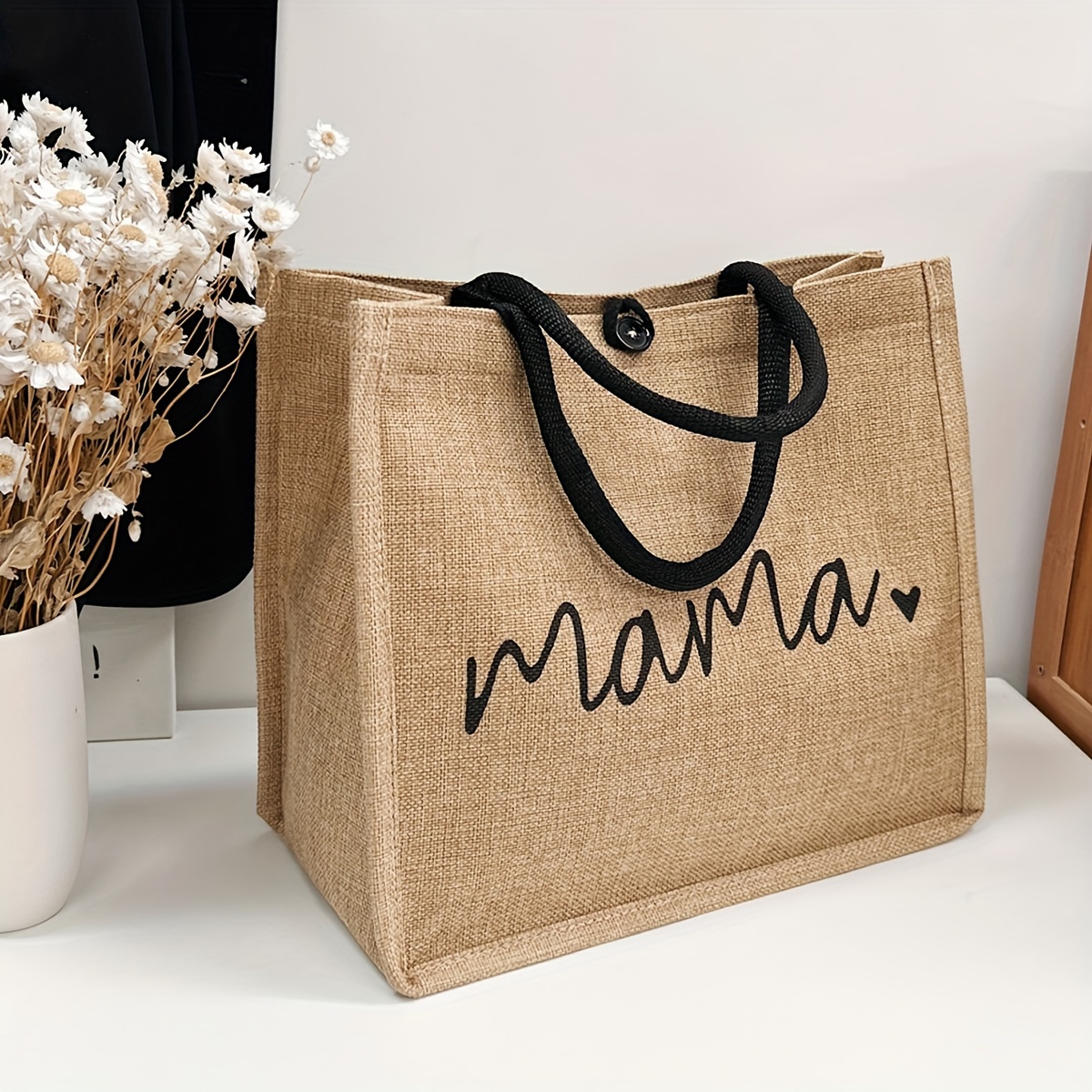 

Mama Letters Print Tote Bag, Fashion Burlap Handbag, Lightweight Shopping Bag Travel Beach Bag, Gift For Mother