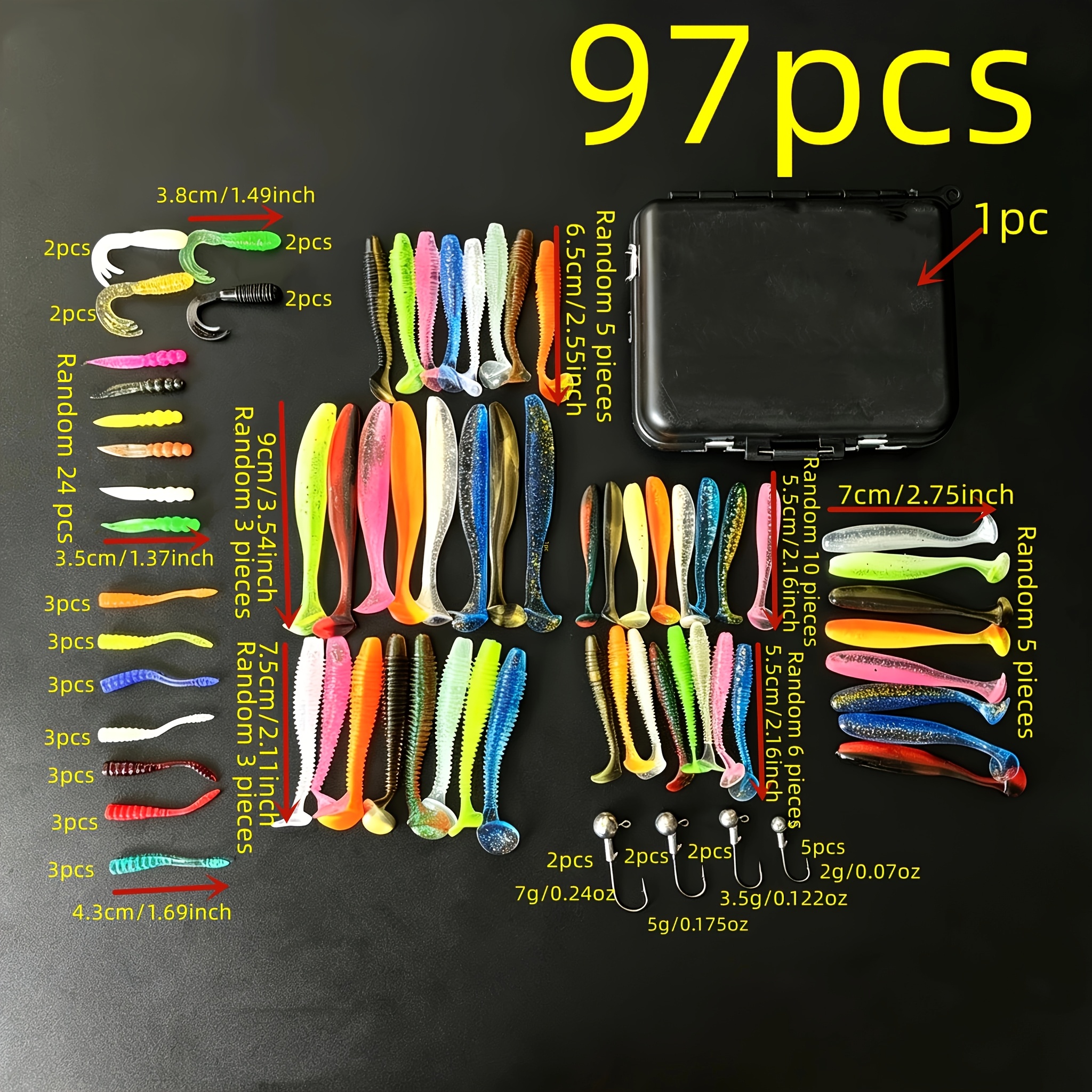 TEMU Set de señuelos de pesca suaves de 97 piezas de color aleatorio, set de señuelos para y pez mandarín, kit de pesca para principiantes, equipo de