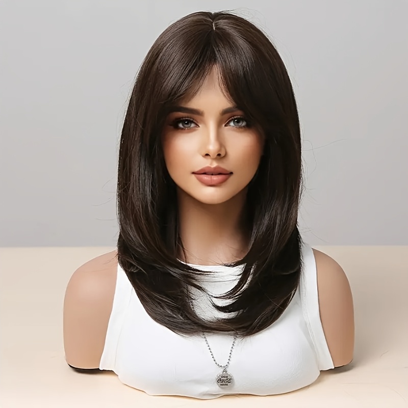 TEMU Women's Lazy Layered Medium Length Hair Fashion 18-inch Layered Wig With Bangs - -care Synthetic Hair, Wear Suitable For Daily, Work, Christmas