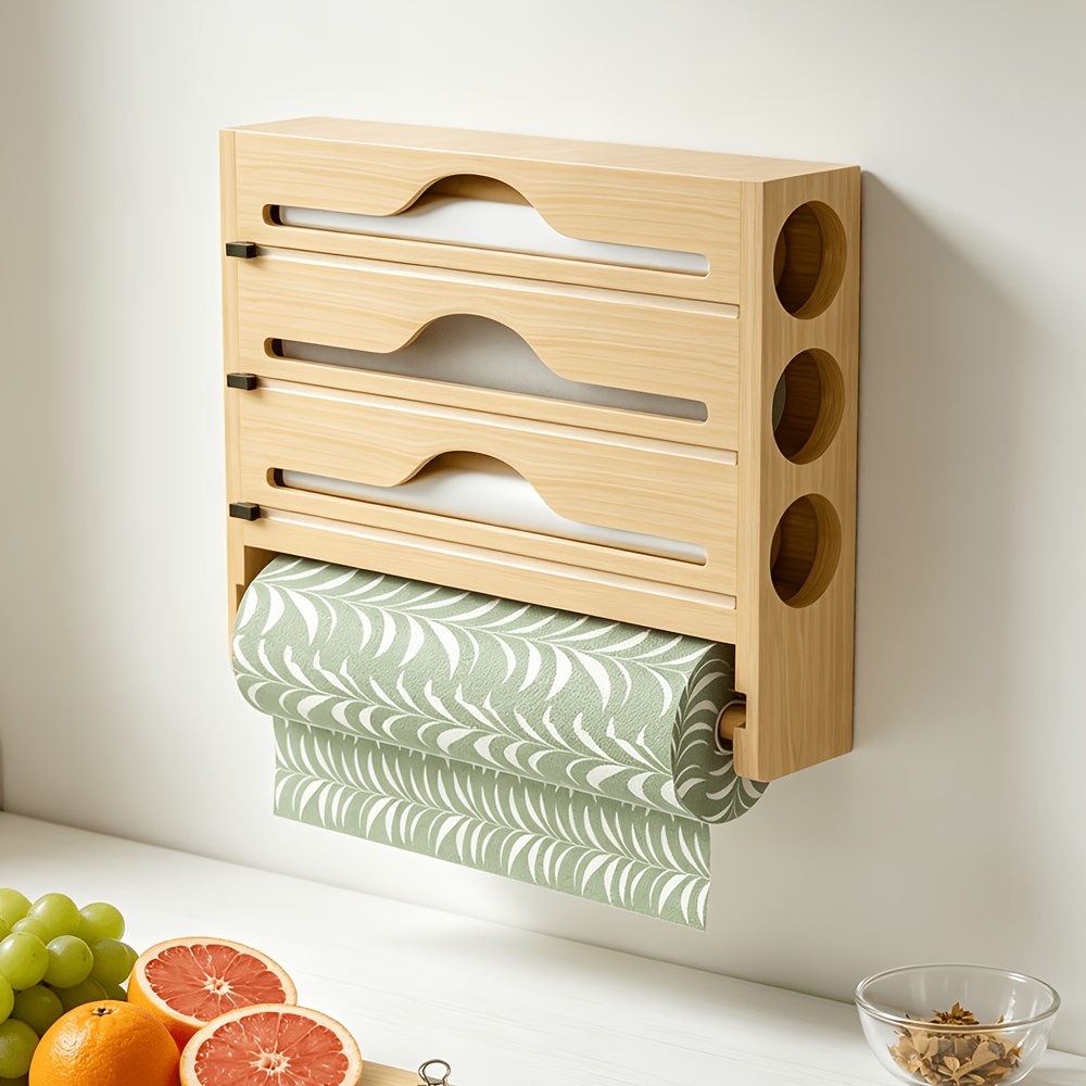 TEMU Kitchen Roll Holder, 4-in-1 Cling Film Dispenser And Cutter, Foil And Plastic Wrap Organizer, Kitchen Roll Holder Wall Mounted, Neat Countertop