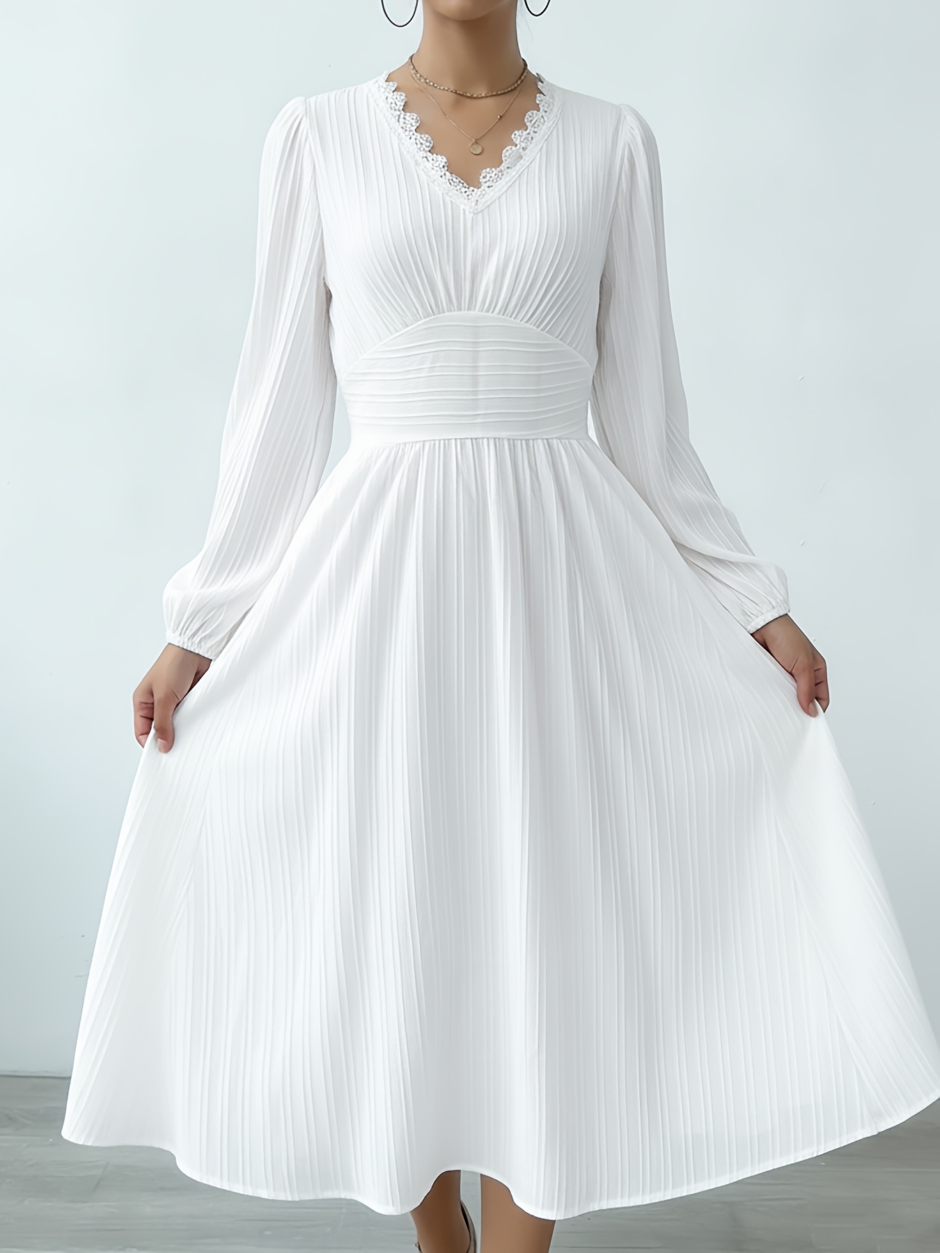womens dress solid color lace v neck long sleeve - Temu Mauritius