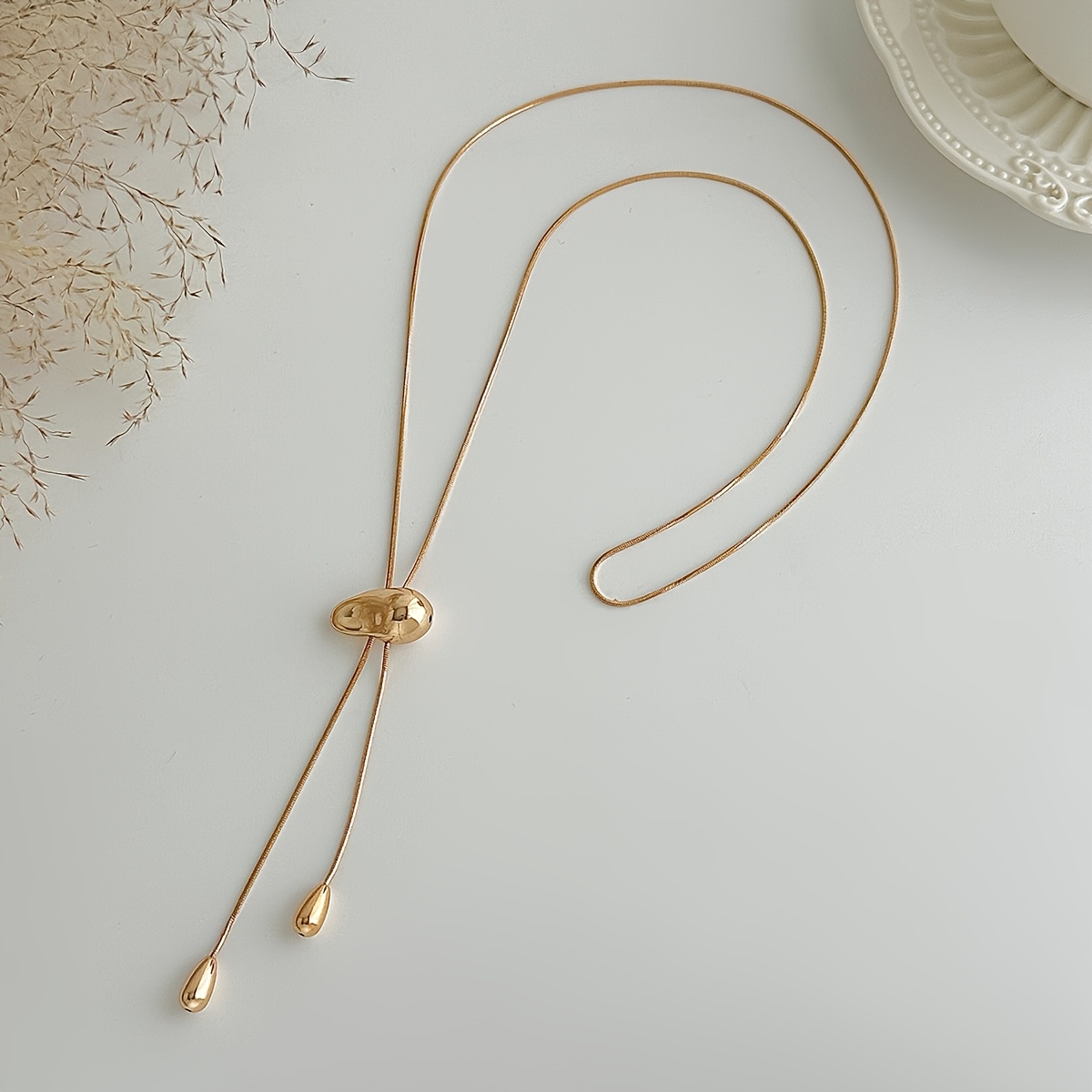 TEMU Minimalist Adjustable Pull Y-necklace, Thin Snake Bone Chain With Tassel Pendant, Light Luxury Premium, Versatile For Commute And Dresses, Ideal