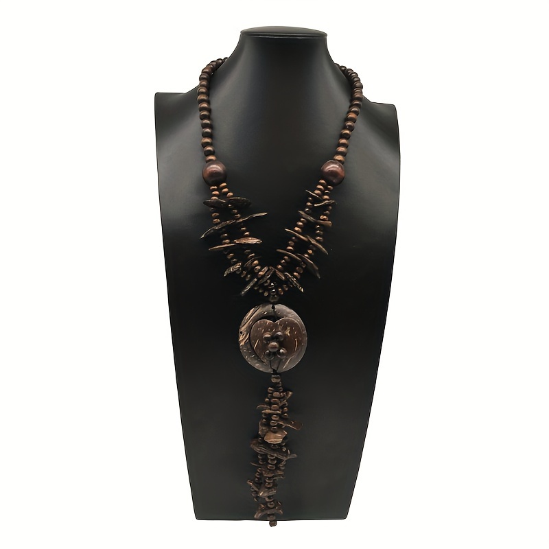 Boho Vintage Coffee Wood Bead Necklace with Pendant