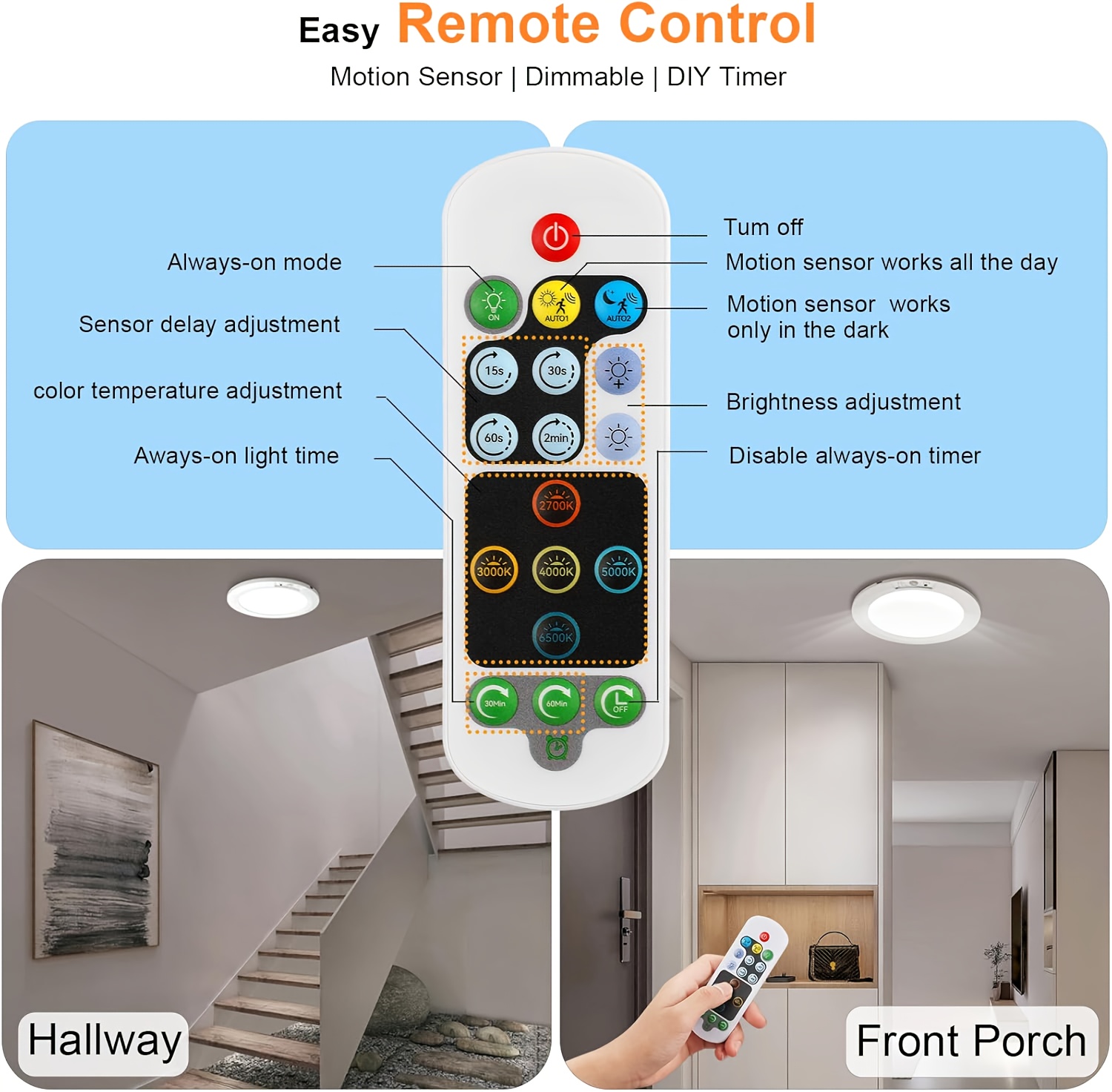 Smart Sensor Ceiling Light, with Remote Control, Timed Light Off, 3 Lighting Modes, 5 Color Temperature Adjustments for Light Brightness, 8000Mah Super Large Capacity Rechargeable, Magnetic Installation Without Drilling, USB Charging