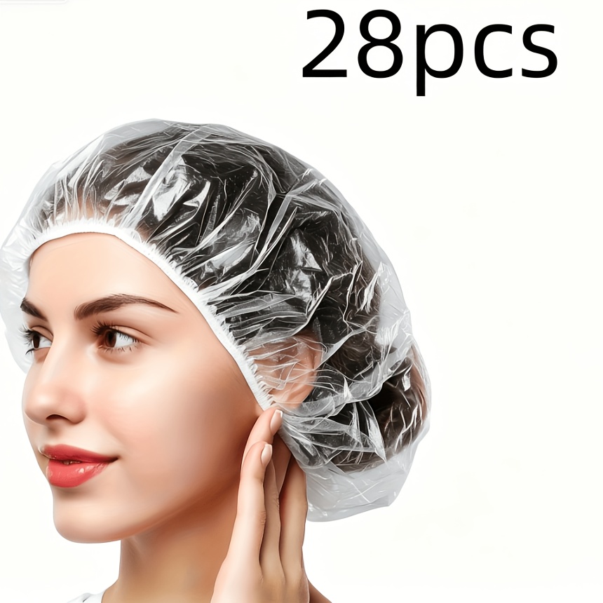 TEMU 28pcs Pack Transparent Shower Caps Suitable For Salon, Spa & Home Use - Clear Hair Protection Caps With Design, Leakproof Durable Plastic Hair