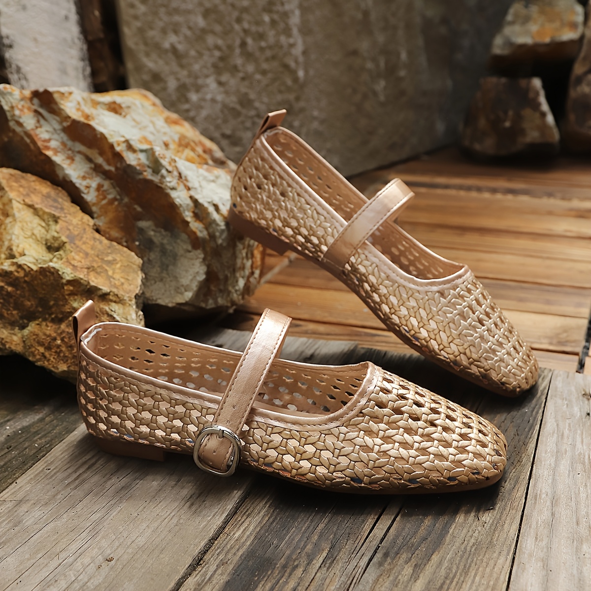 zapatos   tejidos mary jane para mujer, punta cuadrada hueca,   ajustable, zapatos retro transpirables casuales   para mujer, zapatos de mujer