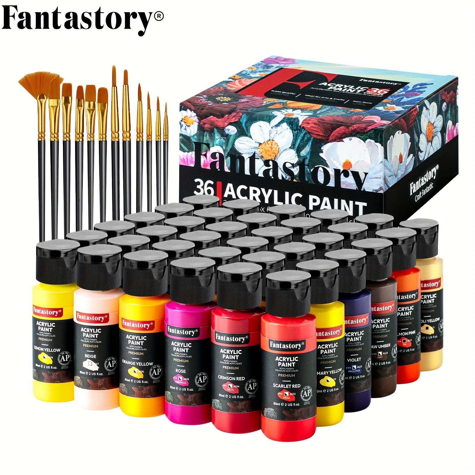

Fantastory Acrylic Paint Set 36 Colors (2oz/60ml) With 12 Brushes, Professional Craft Thick Paints Kits For Adults, Canvas Wood Fabric Ceramic Rock Painting Supplies