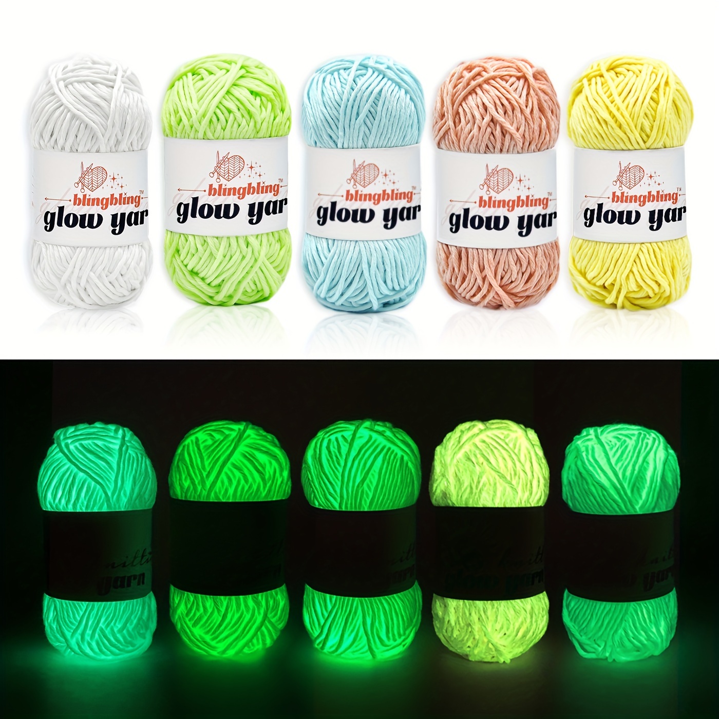 

-the-dark Yarn Bundle - 5pcs, 8.8oz Total (275 Yards), Polyester For Diy Crafts, Knitting & Crochet Projects - Orange/white/green/blue/yellow