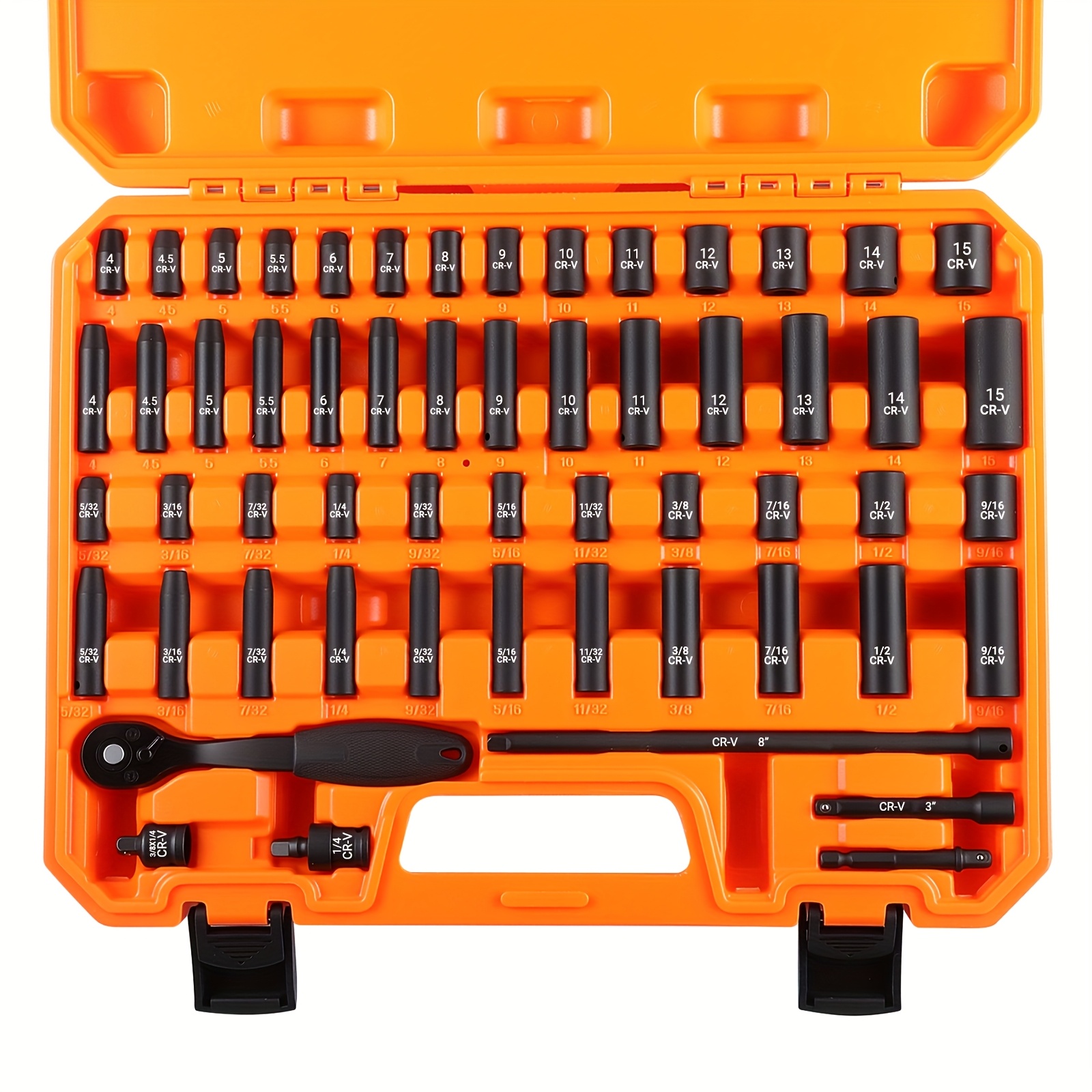 TEMU 1/4" Drive Impact Socket Set, 6 Point, 57pcs Standard Metric (4-15mm) And Sae (5/32-inch To 9/16-inch) Steel Sockets With Adapters & Ratchet