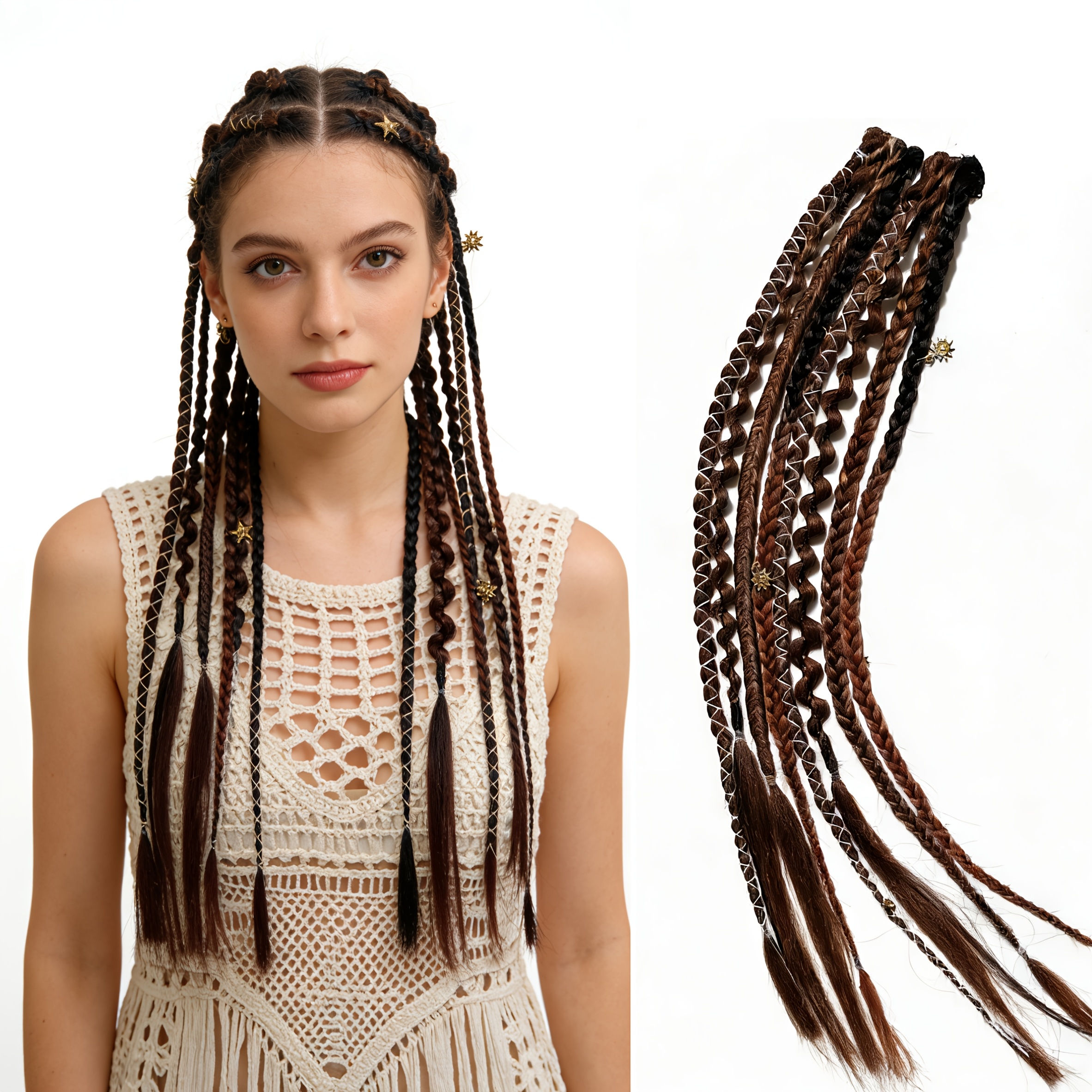 Image of 2pcs Set Of 8 Bohemian Style Braids, Hand-woven With Accessories, Clips , Suitable For Daily Wear, Viking Style Braided Wig