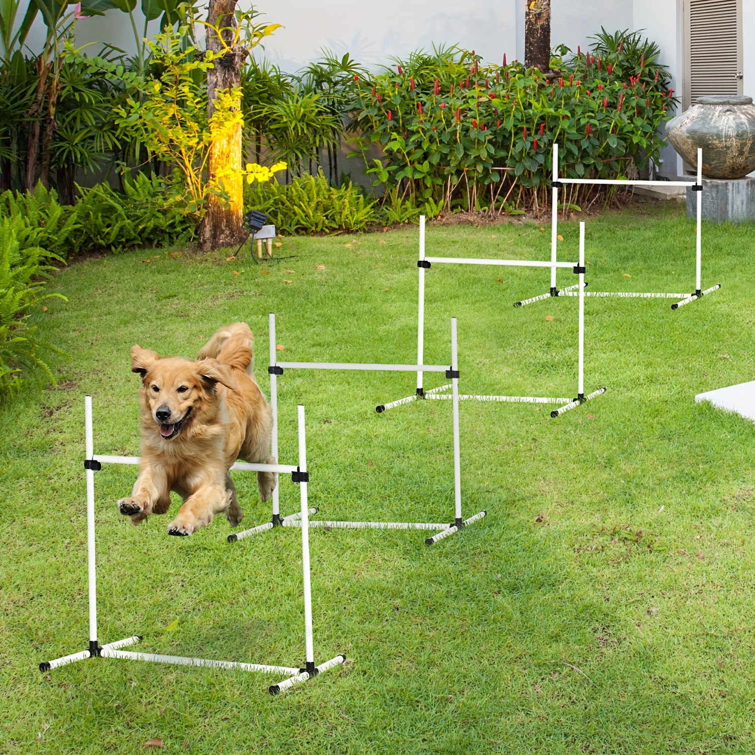 TEMU Pawhut 4 Piece Dog Agility Training Equipment For Dog Agility Course With Adjustable Height Jump Bars, Included Carry Bag, & Displacing Top Bar,