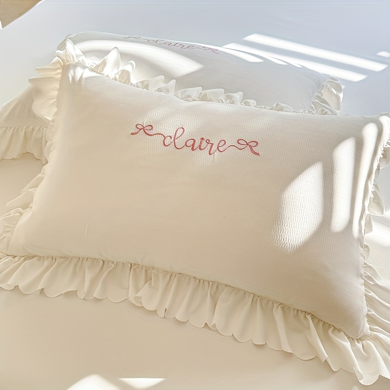 2pcs Lightweight &amp; Breathable Embroidered Letter Pillowcases with Lace Trim - &*;RUEO&*; Design, Machine Washable, * Spring &amp; Summer, Polyester, White, Summer Pillow Covers|Rueckiefaced Design|Polyester Pillowcases