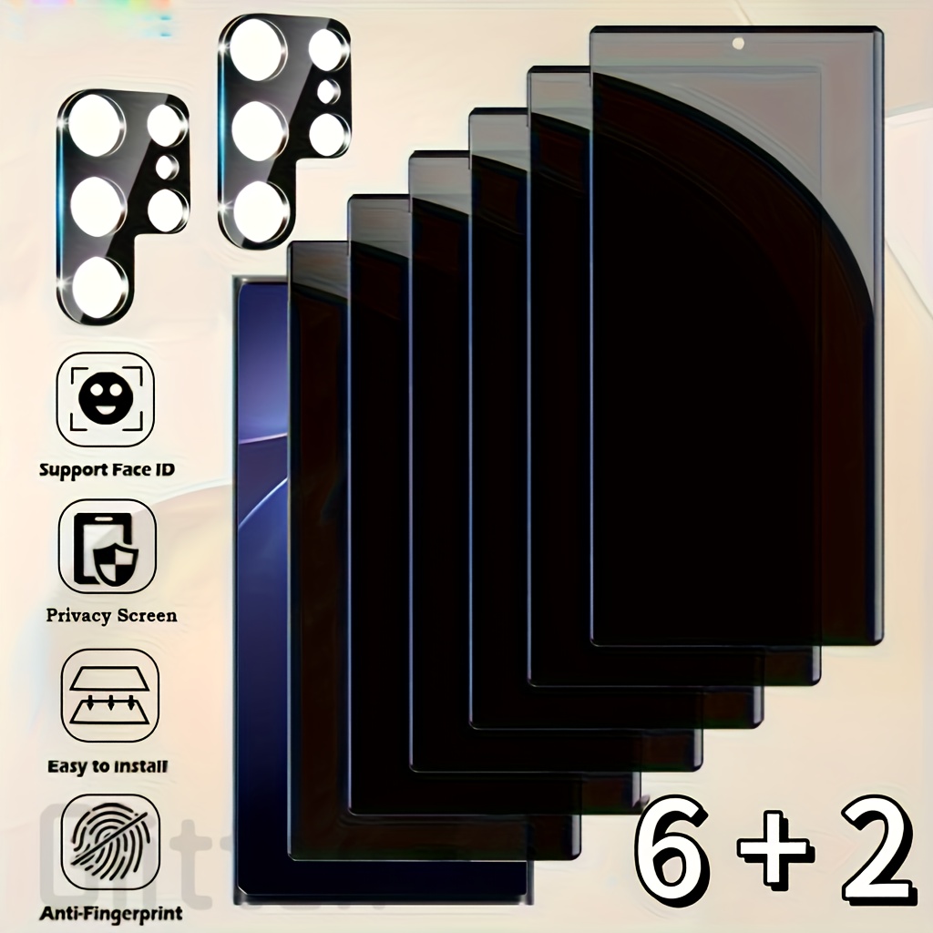 TEMU 6pcs Privacy Screen Protective Film +2pcs Camera Lens Protective Film, Tempered Glass, Anti-peek, , , Anti-fingerprint, Suitable For For Galaxy