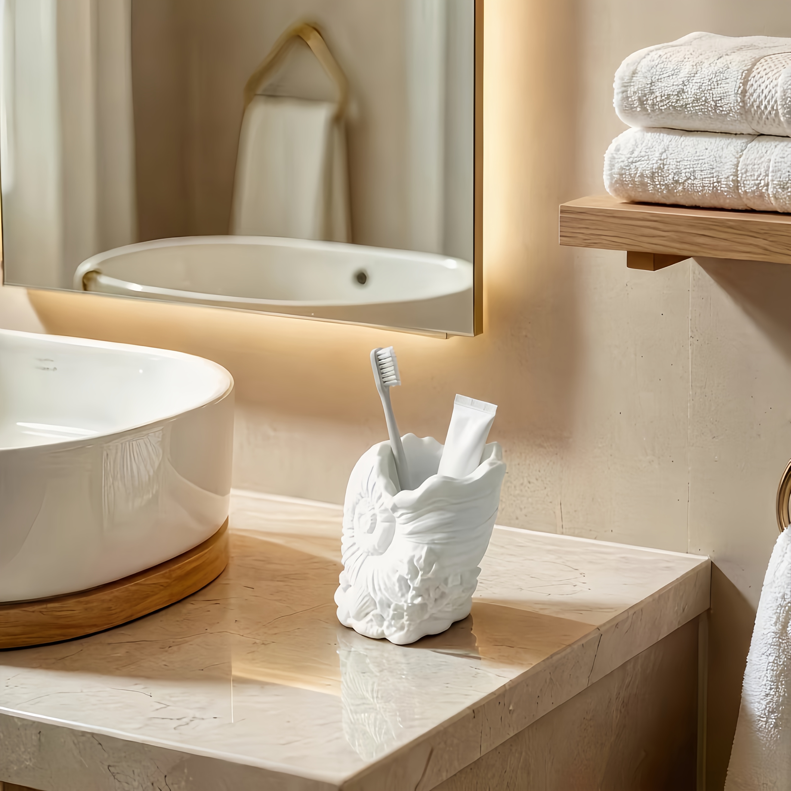 TEMU 1pc White Three-dimensional Embossed Conch Coral Toothbrush Holder, Bathroom Toothbrush Toothpaste Comb 3d Printed Storage Tube, Desktop Makeup