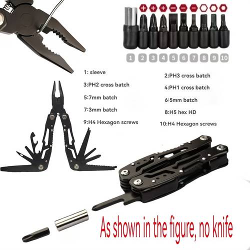 item picture of all black multi functional folding multi purpose tool pliers packaged oxford cloth bag for easy portability for outdoor camping edc and emergency repairs without knives