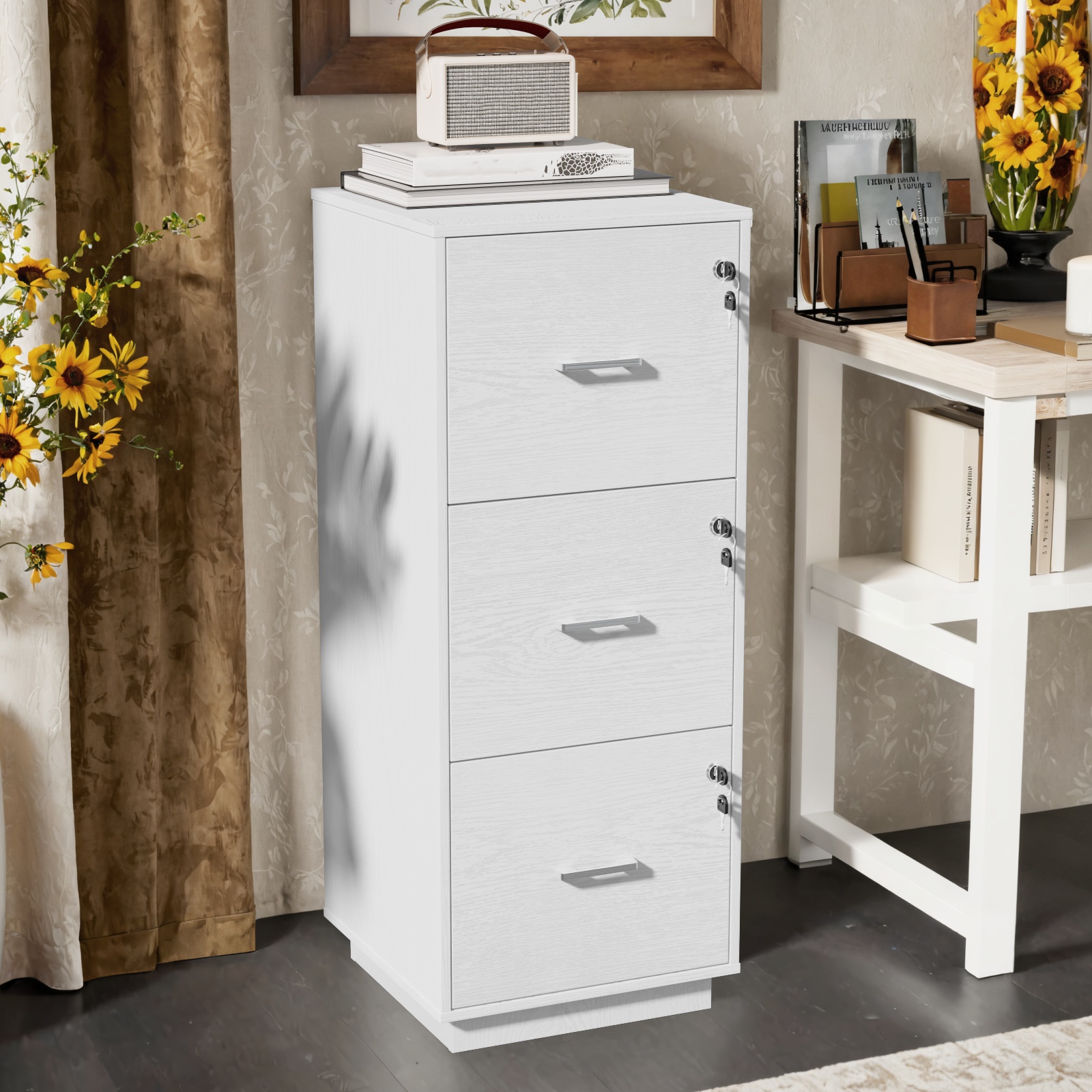 Bonnlo 3-Drawer Lockable File Cabinet - Wood Filling Organizer with 2 Drawers, 27