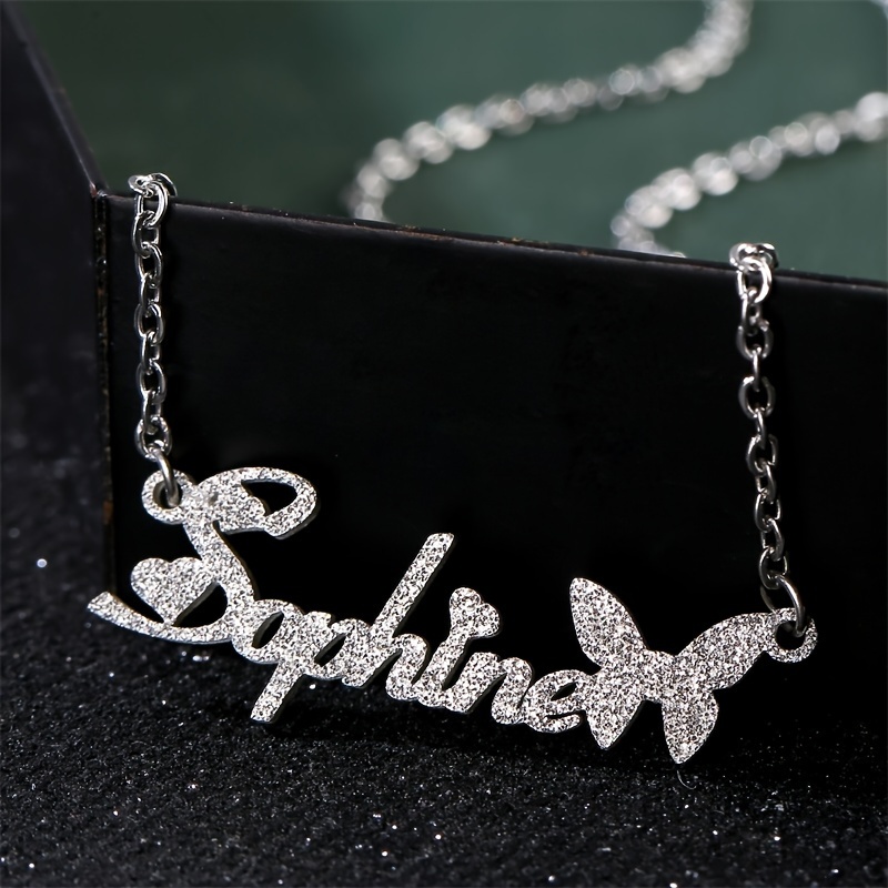 

Personalized Glitter Name Necklace With Butterfly Charm - Sophia - Stainless Steel Pendant - Wedding, Party, Valentine's Day Jewelry - All Seasons
