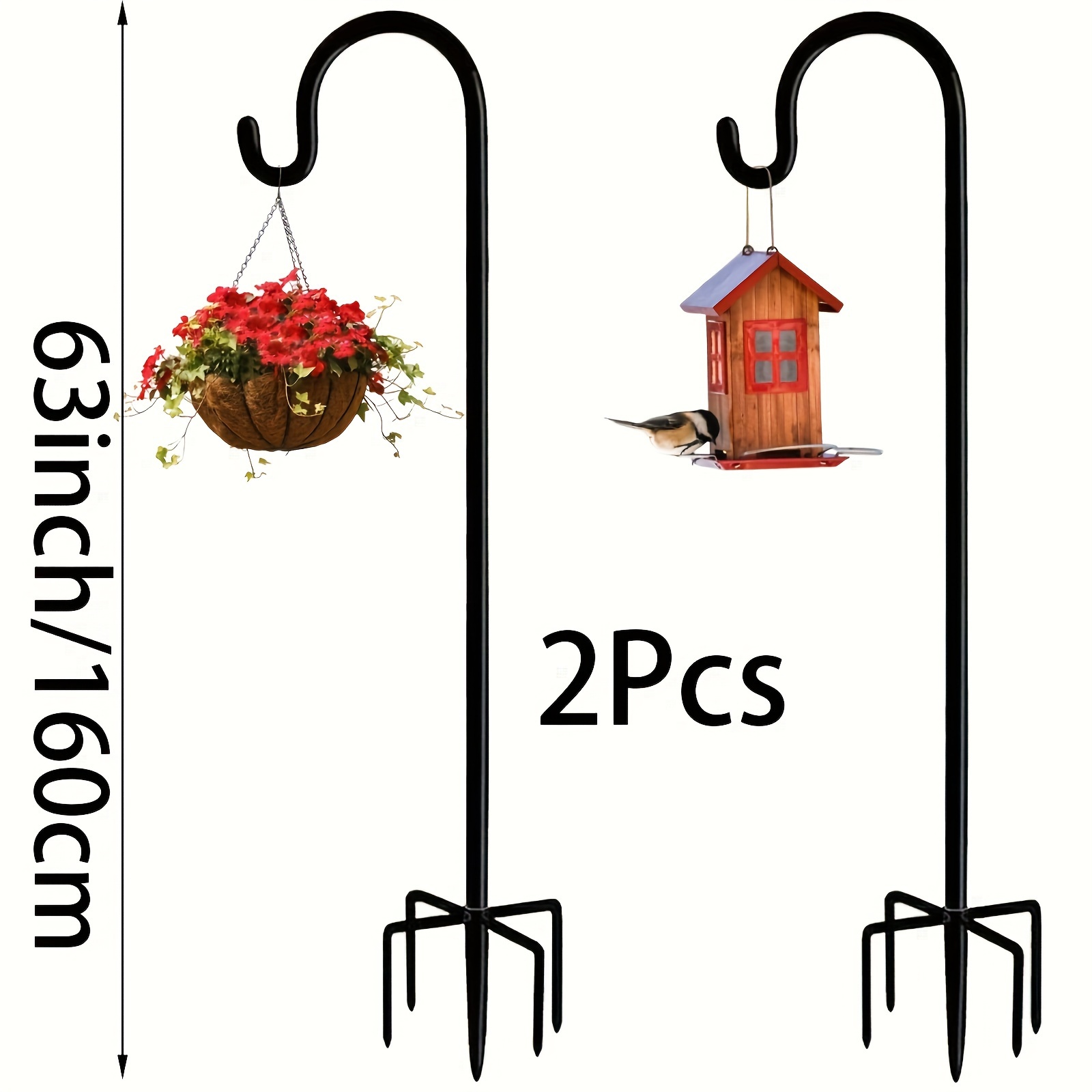 TEMU 2 Pack Heavy Duty 63-inch Tall Galvanized Steel Shepherd Hooks With 5-prong - Wind-resistant Outdoor Garden Stakes, For Bird Feeders, Lanterns,