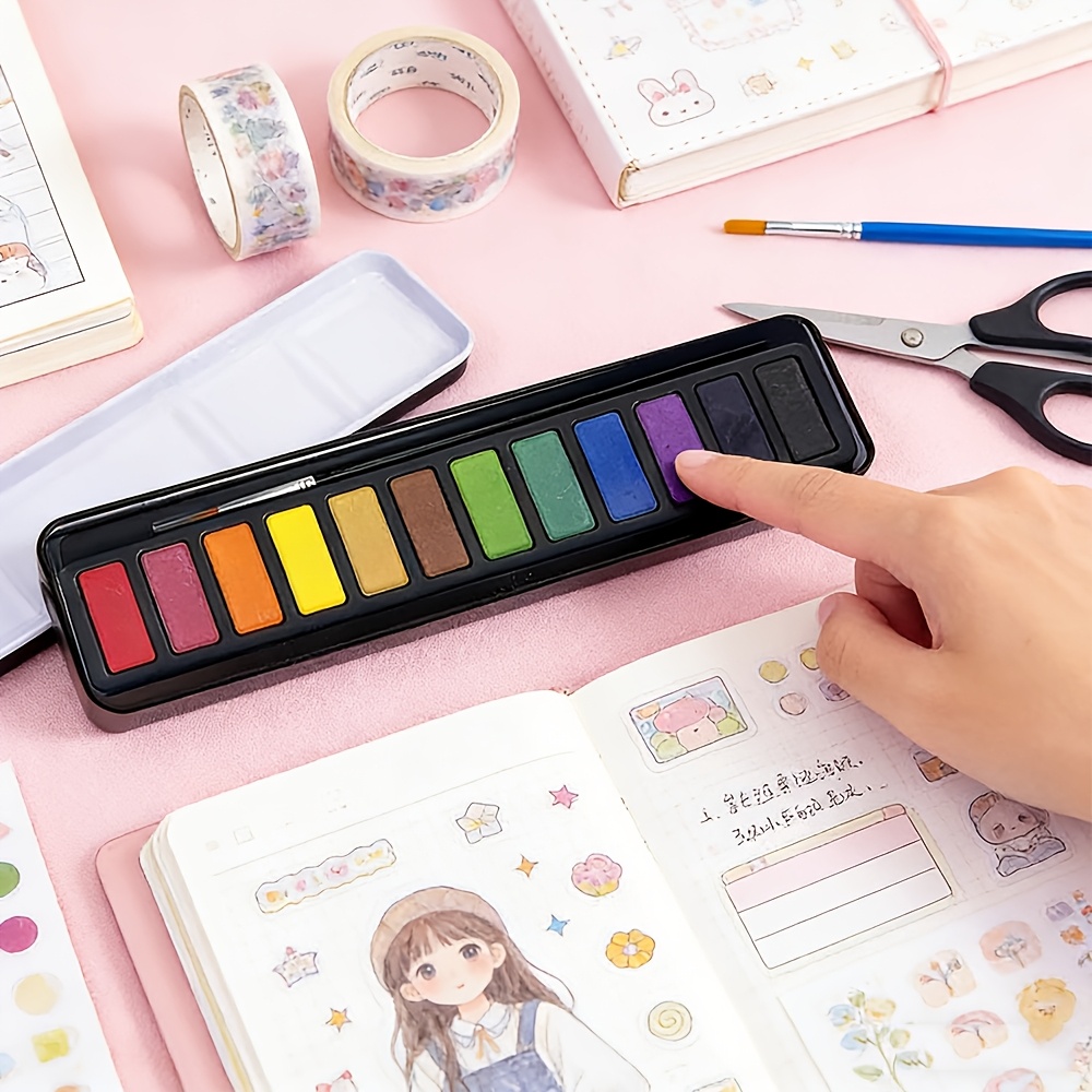 TEMU 12-color Solid Watercolor Paint Set With Brush - Beginner, Student And Artist Portable Metal Palette - High Pigment Blocks For Travel And Use