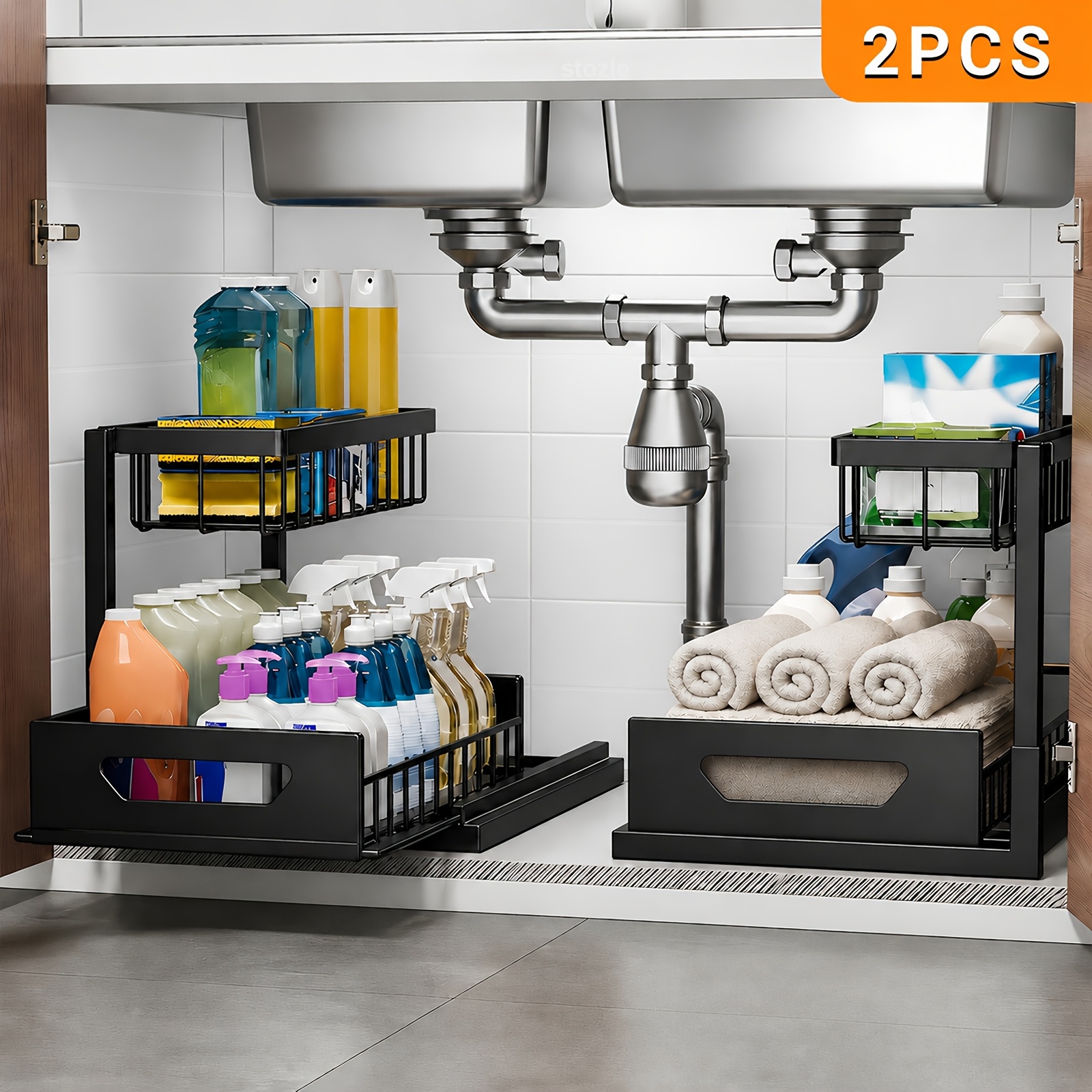 TEMU 2 Tier Lower Sink Organizer, Under Sink Organizers And Storage, Slide Out Pull-out Cabinet Storage Rack, Metal Sliding Drawer For Kitchen