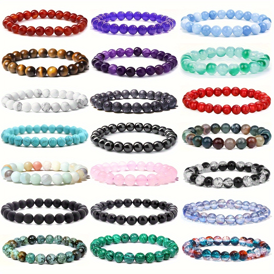 

21pcs Of Natural Stone Bracelet 8mm Round Bead Bracelet Round Elastic Natural Stone With Glass Beads Suitable For Women'