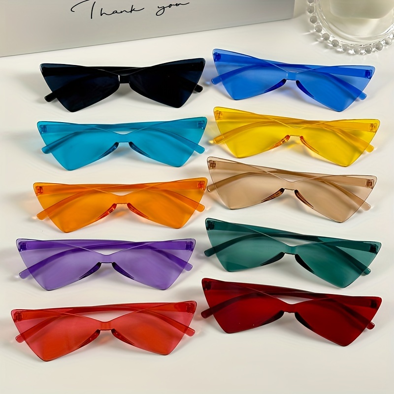 

10pcs Cat Eye Rimless For Women Men Y2k Candy Color Fashion One-piece Shades Costume Party Prom Glasses