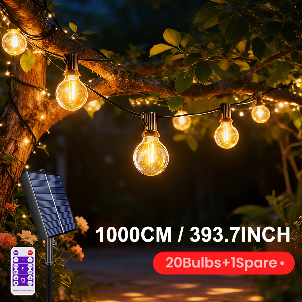 7m-15m G40 Solar Powered String Lights Outdoor, 8 Lighting & 4 Brightness Change, Ip65 Hanging Lamps With Remote For Party, Wedding Decoration (4 Sizes )