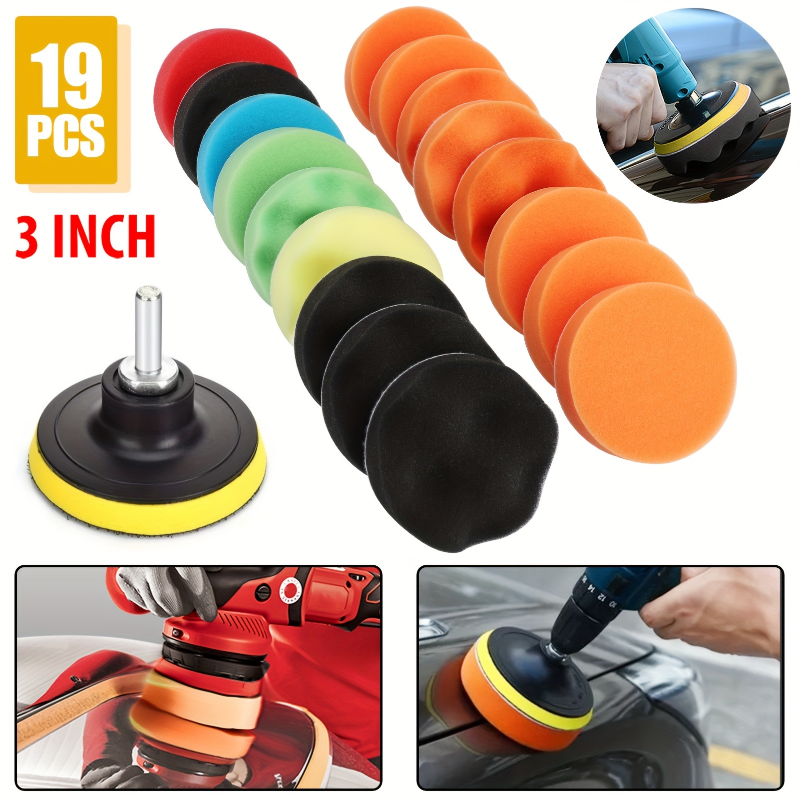 TEMU 19pcs 3inch Buffing Pad Car Sponge Polishing Pad Kit, Thread Abrasive Polisher Drill Adapter Waxing Tools Accessory