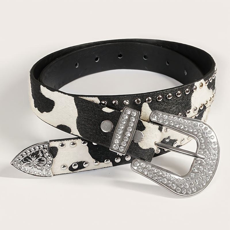 Western Belt Cow Print Rhinestone Buckle, Street Punk Style Riveted Edge Work XL cow print belt street style individual belt hot decor waist  main image 2