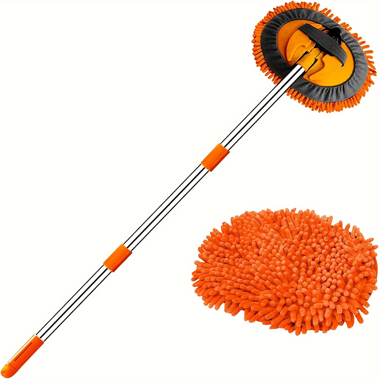 

48" Orange Microfiber Car Wash Mop With Long Handle - 2-in-1 Chenille Sponge Duster For Detailing Cars, Trucks, Suvs, Rvs, Trailers, Boats - Scratch-free Cleaning Tool