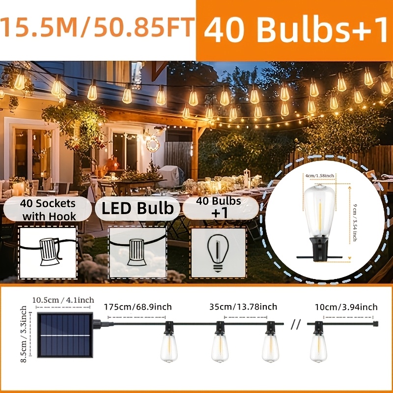 St38 Outdoor String Lights, 7/.5/17.25/18m Led Ip65 Shatterproof 8 Fairy Lights, Long Lasting Outdoor Fairy Lights, Extendable Fairy Lights For Cafe, Patio, Gazebo, Wedding Party Decor