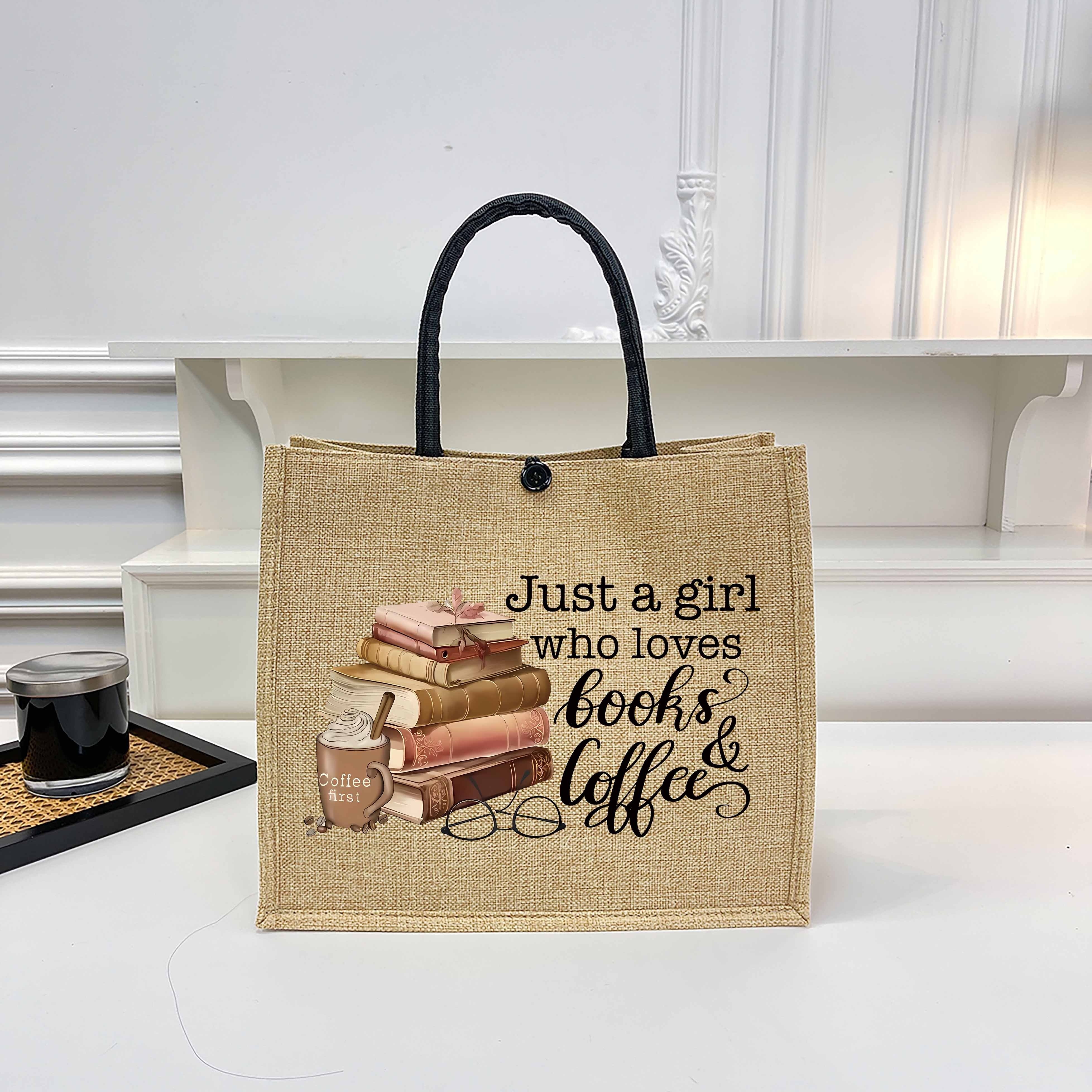 

Chic Linen Beach Tote With Coffee & Books Print - Lightweight, Fashionable Shopping Bag For Women, Khaki