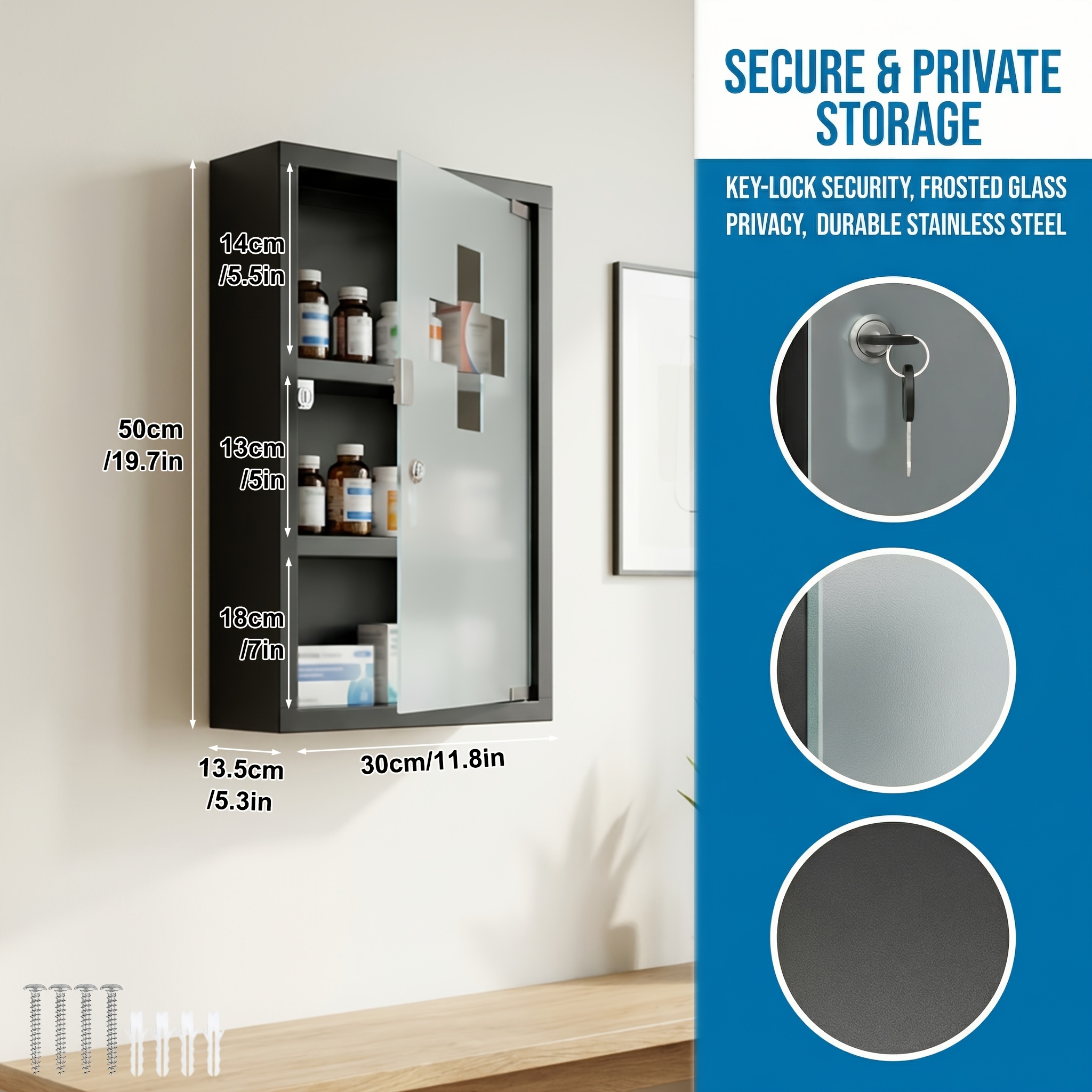 Image of Wall-mounted Medicine Cabinet With 4 Compartments, Stainless Steel, Metal, Safety Lock, Easy To Clean, Black, Pressure-sensitive Magnetic Closure