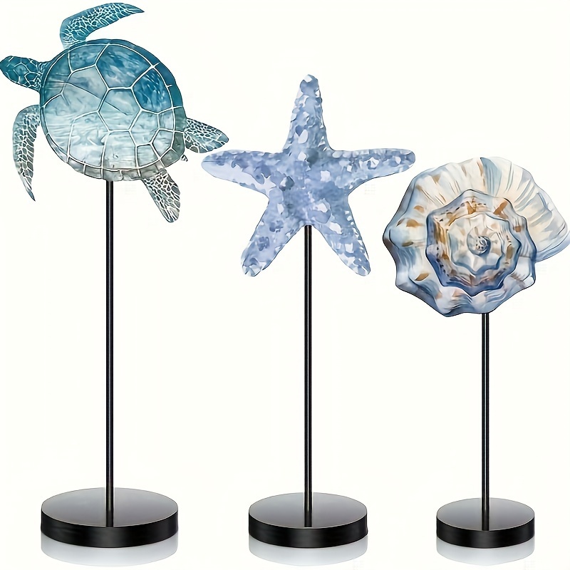 

3pcs Summer Ocean Wooden Tabletop Decor Set - Starfish, Sea Turtle & Shell Designs For Rustic Farmhouse Kitchen