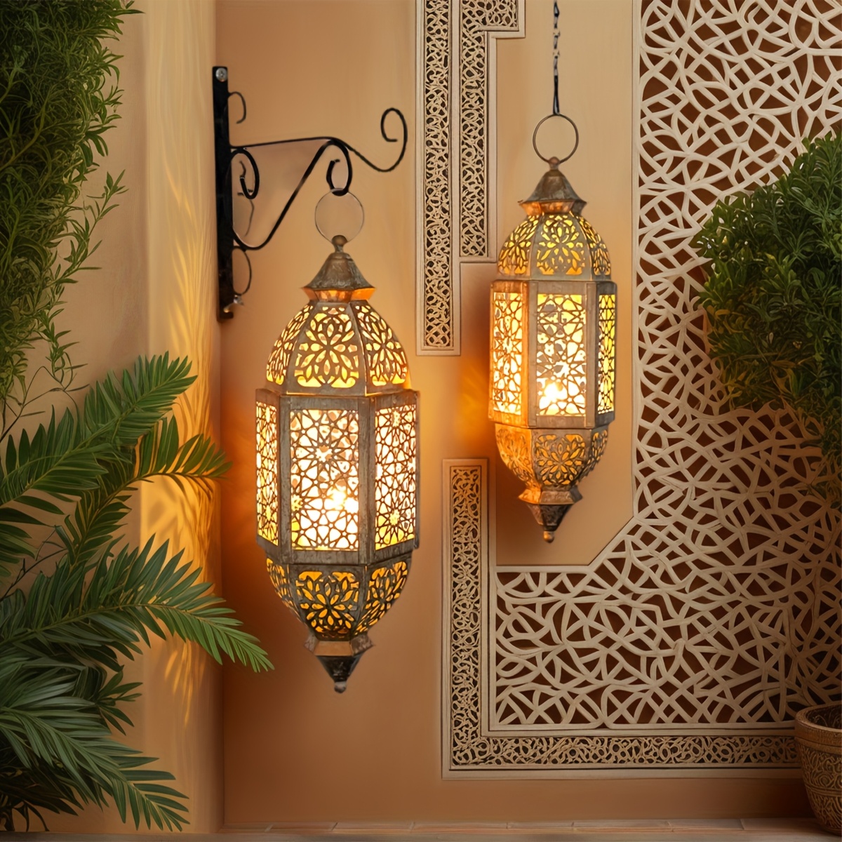 1pc/2pcs Iron Hanging Lantern Candle Holder, Moroccan Decorative Hanging Lantern, Festive Candle Holder, Ramadan Atmosphere Lighting, Perfect Gift for Celebrations, Comes with Chain But Without Candles