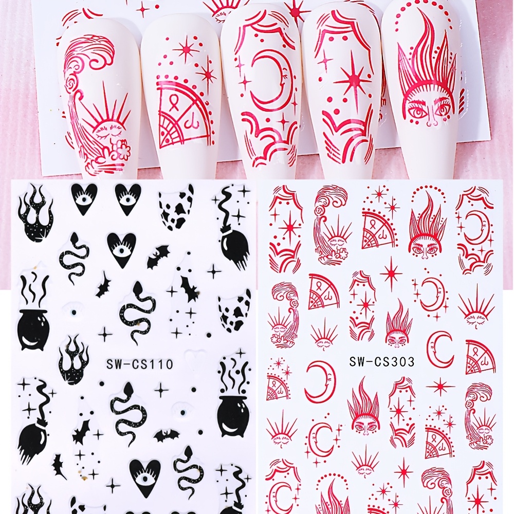 Image of 2 Sheet Nail Art Stickers Black Red Sun Mysterious Styles Angel Eyes Adhesive Nail Decals Sliders For Manicure Decorations