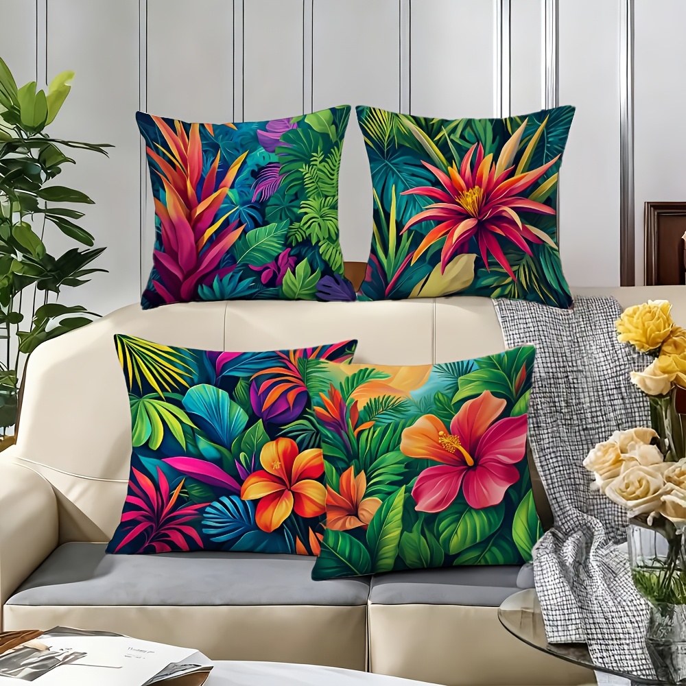 TEMU 4pcs High- Tropical Pillowcases. Featuring Contrasting Colors And And Flowers, Create A Vibrant Holiday- Atmosphere, Making Them An Ideal Item