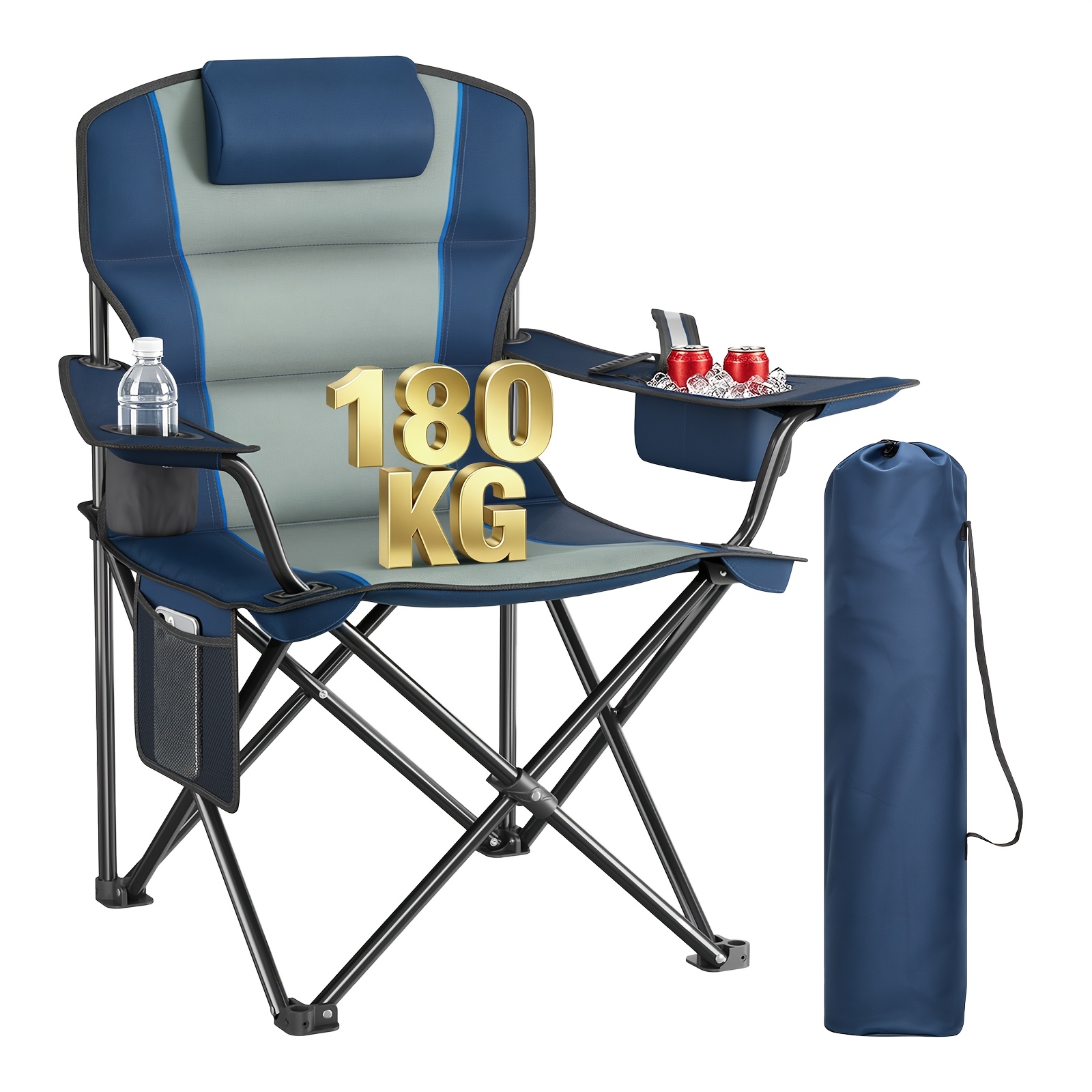 Luxuriöser *-Campingstuhl mit erhöhtem, verdicktem verbreitertem Sitz, ausgestattet mit Eisbeutelhalter, Getränkehalter Gitter-Stauraumtasche, mit großem Stauraum. Mit Kopfstütze * für Innenhöfe,