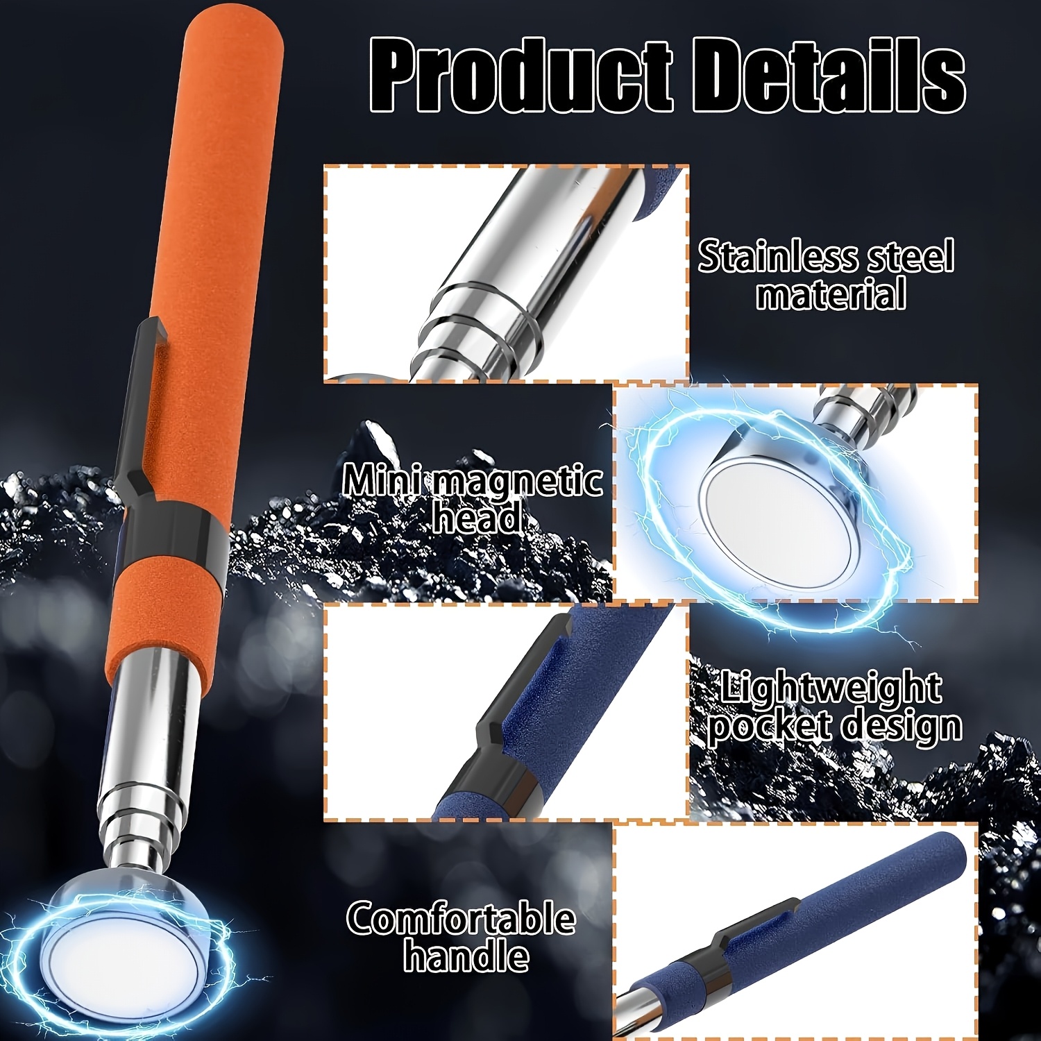 4pcs set of durable magnetic pickup rods extendable strong magnets with non slip handles and pen clips suitable for car repair mechanics home use picking up   nuts and screws magnetic sweepers