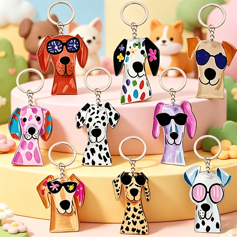 TEMU 2d Flat, 2d Flat Design, 2d Flat Design- 9pcs Puppy Keychain Set, Gradient Spotted Puppy Theme, Simple Pastoral Style Animal Keychains, Suitable