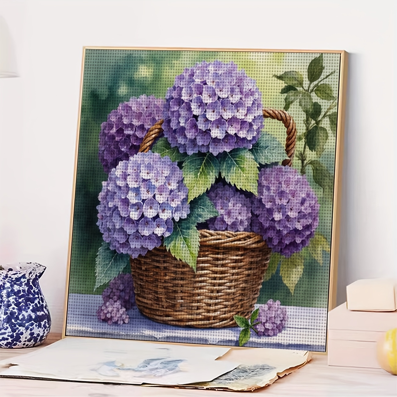 Unframed Cross-Stitch Kit, "Purple Hydrangea in a Basket" Design