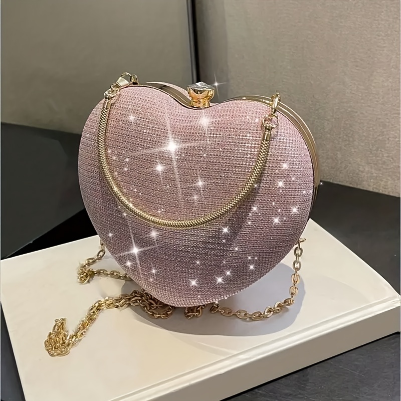 

Chic Mini Heart-shaped Evening Clutch With Sequins, Women's Elegant Crossbody Bag With Chain Strap For Weddings & Parties, Polyester Lined With Closure - Multiple Colors