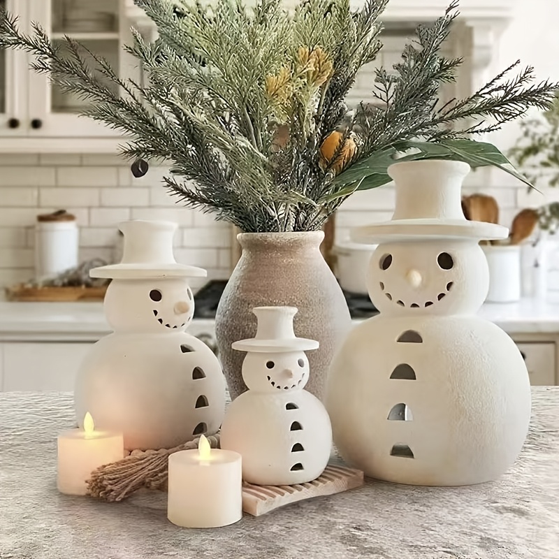 TEMU [2d Flat] 1pc Terracotta Snowman Decoration 6/ 8/ 10 Inches, Christmas Handmade Statue Decoration, Christmas Decoration, White Table Decoration, Rustic Style Interior And Exterior