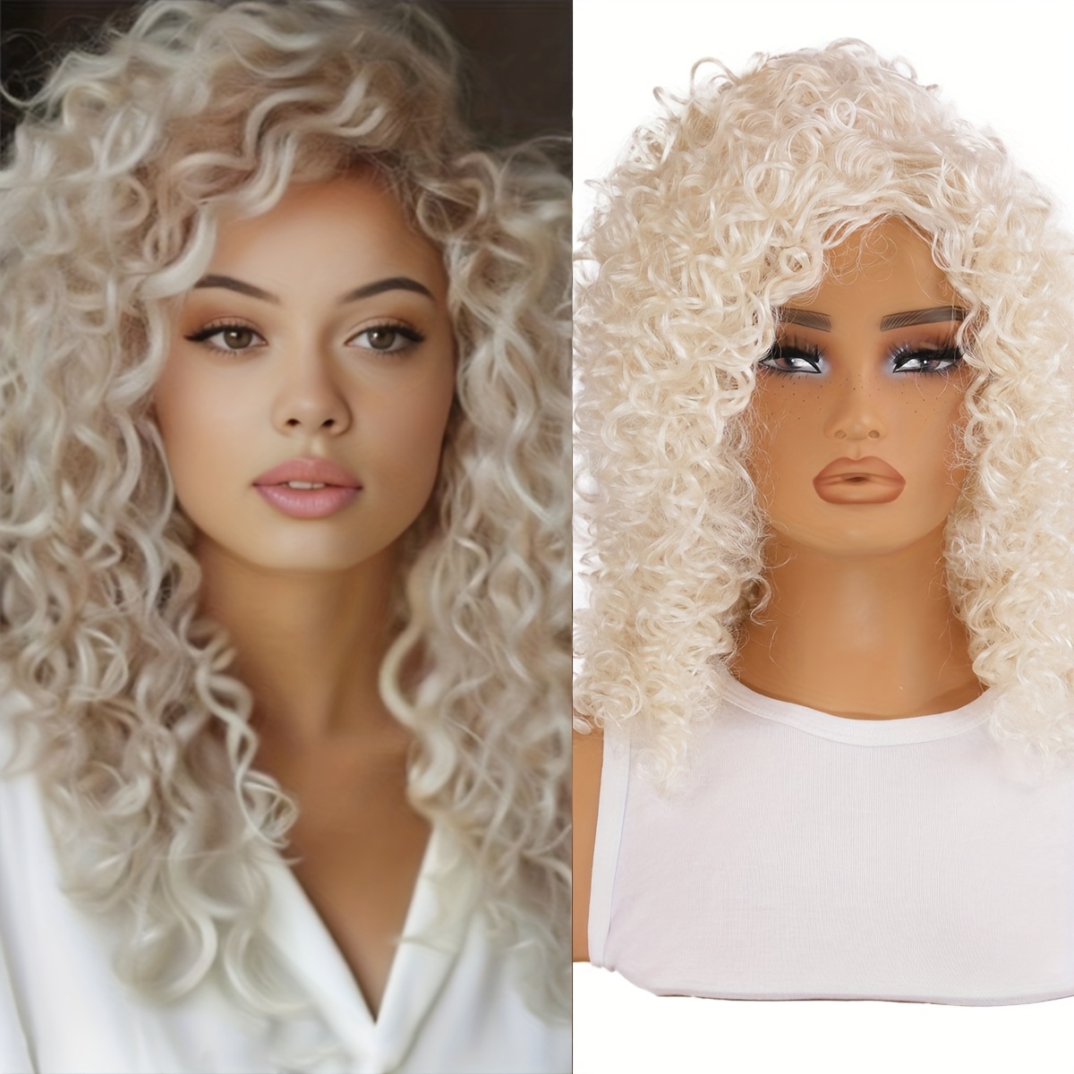medium length curly wig parted side women blonde curly hair Temu
